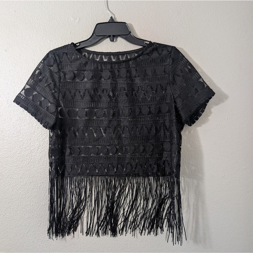 SHEIN Black Lace Fringe Crop Top
